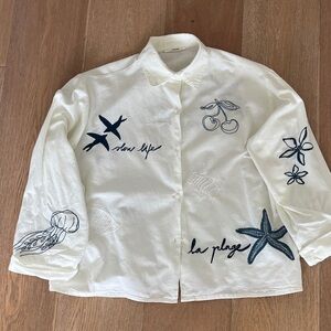 Zara Home La Plage White Button-Up Shirt with Navy Embroidery size S